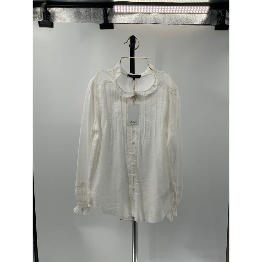 Quince White Ruffle Collar Button-Down Shirt